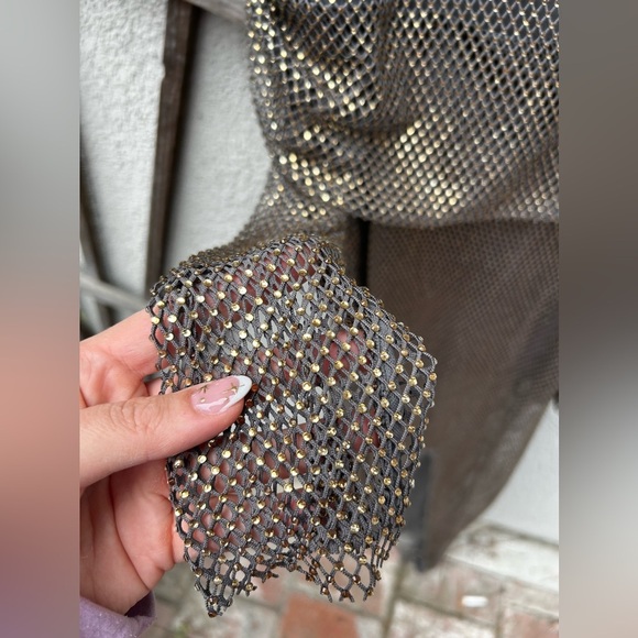 H&M Studio 2023 Rhinestone-Embellished Off-the-Shoulder Dress Charcoal gray/gold - Picture 13 of 16